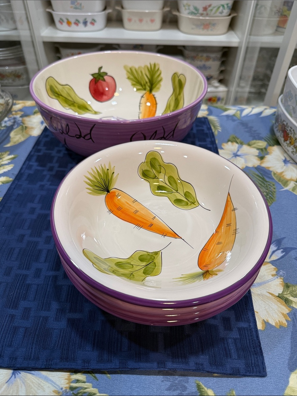 Purple Ceramic Salad Bowls with Carrot and Leaf Design